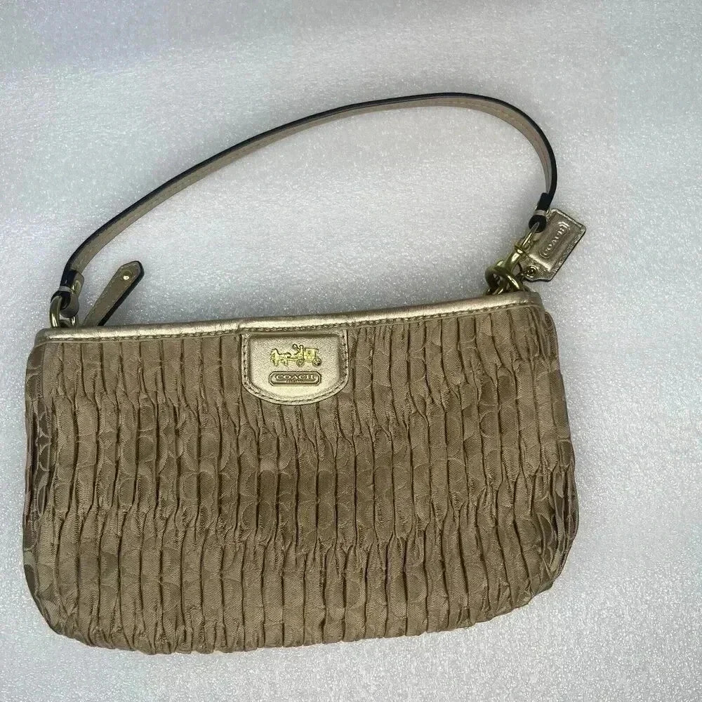 COACH Signature Madison Gold Gathered Pleated Leather‎ Strap Handbag Wristlet - Picture 3 of 13